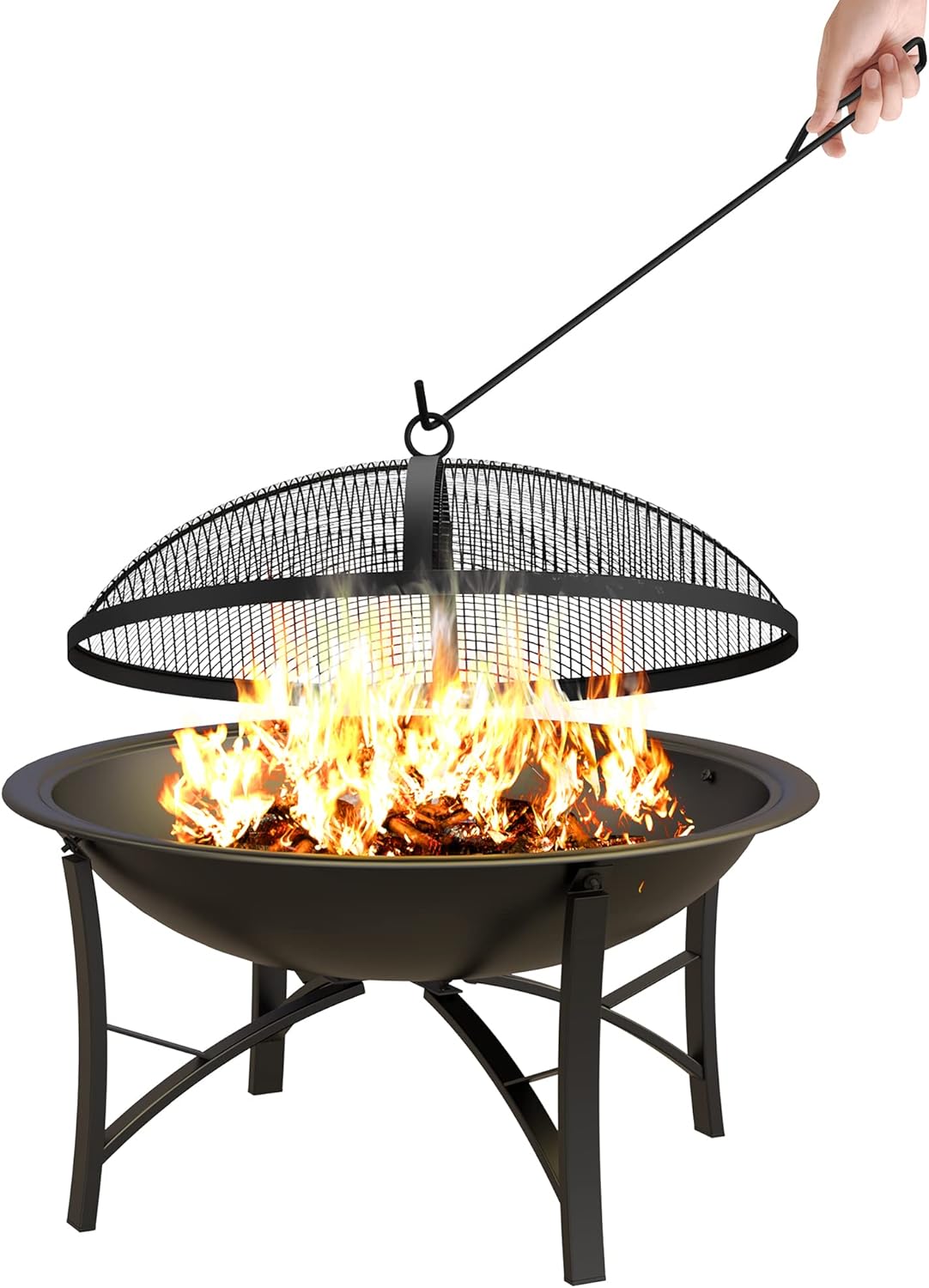 Fire Beauty Fire Pit for Outside Wood Burning,BBQ Grill Steel Fire Bowl with Spark Screen Cover,Log Grate,Poker for Camping Beach Bonfire Picnic Backyard Garden