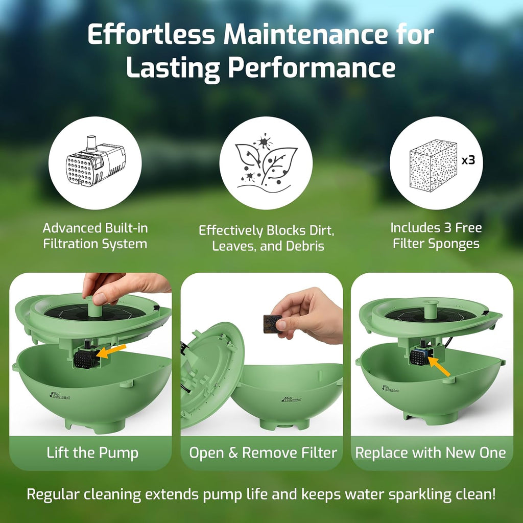 Solar Bird Bath Fountain with Battery, 3-in-1 Hanging & Freestanding Birdbath with Low-Water Protection & 3 Nozzles for Garden, Patio Decor (Forest Green)