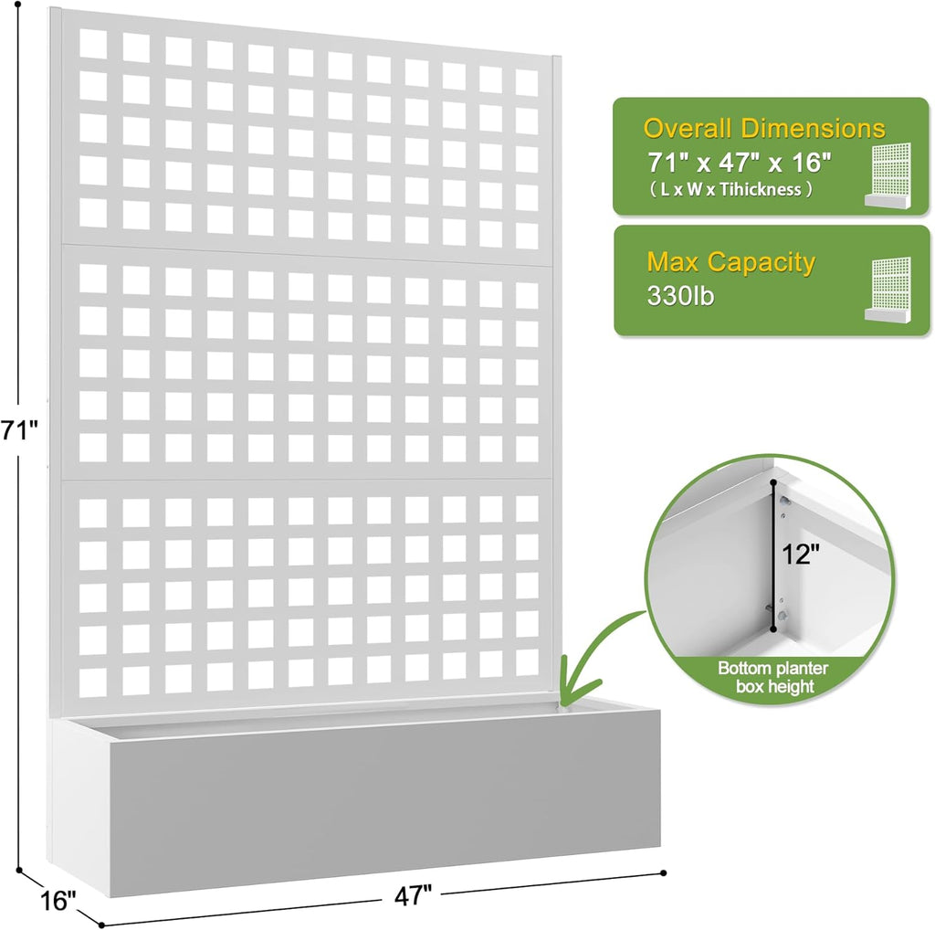FENCY Metal Raised Garden Bed with Trellis, Metal Planter Box with Trellis, Garden Box for Climbing Plants Vegetable, 47''Lx16''Wx71''H Garden Bed with Drainage Holes(White)