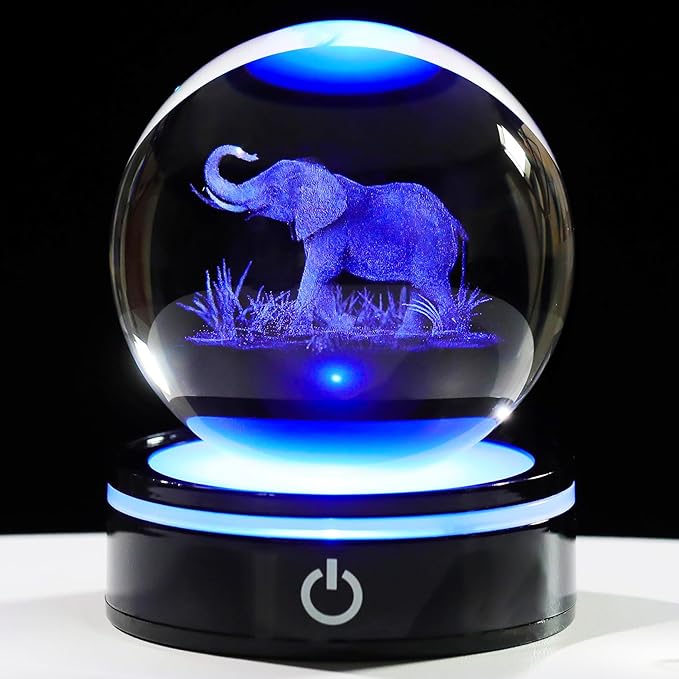 YWHL 3D Elephant Figurine Crystal Ball with Colorful Light Base, Elephant Gift for Women and Men on Christmas or Birthday, 3D Laser Engraved Full Sphere Glass Decorative Ball for Home or Office (80mm)