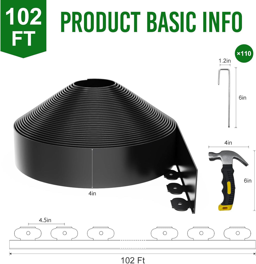 102FT Landscape Edging 4 in Tall with 110 Spikes, Garden Edging Border and 1 Hammer, Plastic Landscape Edging Border Lawn Edging for Landscaping, Flower Beds, Yard