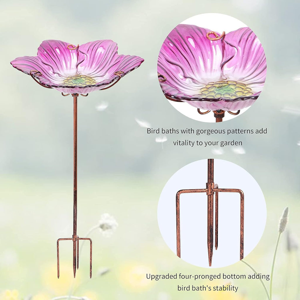 Outdoor Bird Bath Glass Birdbath Garden Birdfeeder with Metal Stake Pink(Height:26inch)