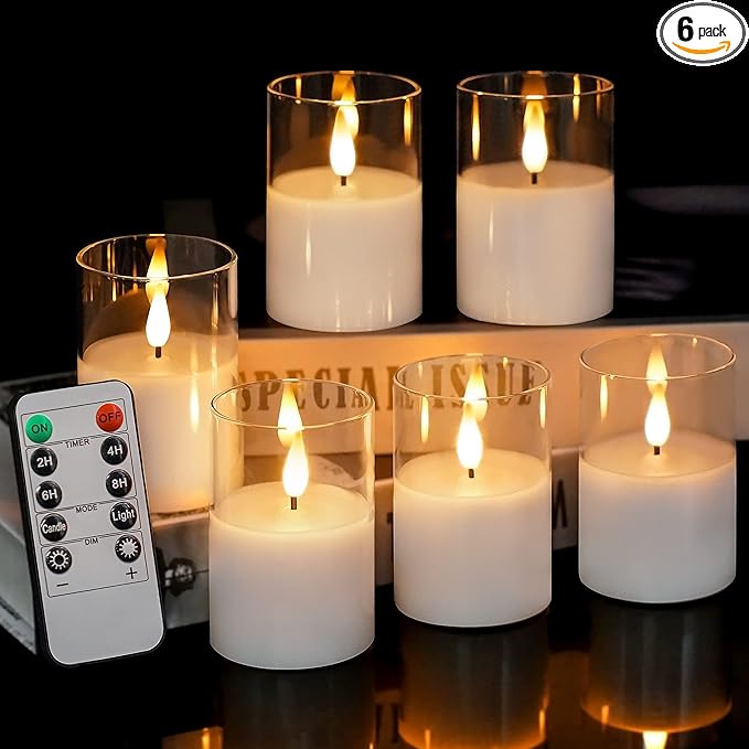 6Pack Glass Flickering Flameless Candles with Remote, 2"X3" Real Wax Votive Candles Battery Operated, Small Electric LED Candles for Wedding Home Decor, w/4 Timers+2 Lighting Modes [Clear]