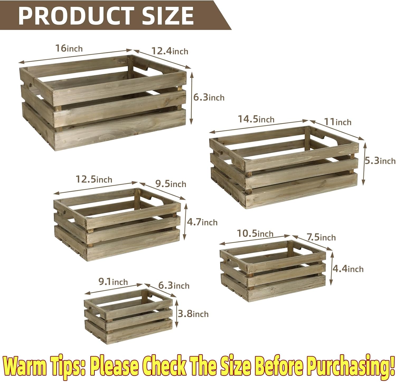 Large Wood Crates, Set of 5 Decorative Storage Box with Handles, Vintage Gray Farmhouse Wooden Crates for Decor, Wedding Birthday Home Party Living Room Kitchen Decoration