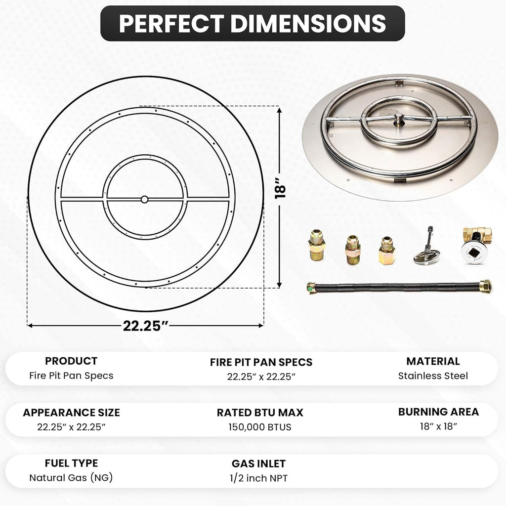 Fire Pit Burner Pan & Ring - Works with Natural Gas - Stainless Steel Fire Pit Burner Kit 22-Inch Pan, 18-Inch Ring - 150,000 BTU Max