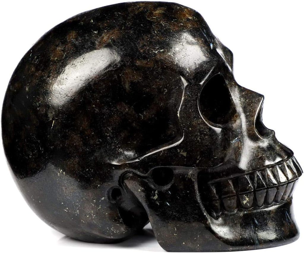 Skullis 5.0" Russian Arfvedsonite Crystal Skull, Hand Carved Gemstone Fine Art Sculpture, Reiki Healing Stone Statue.