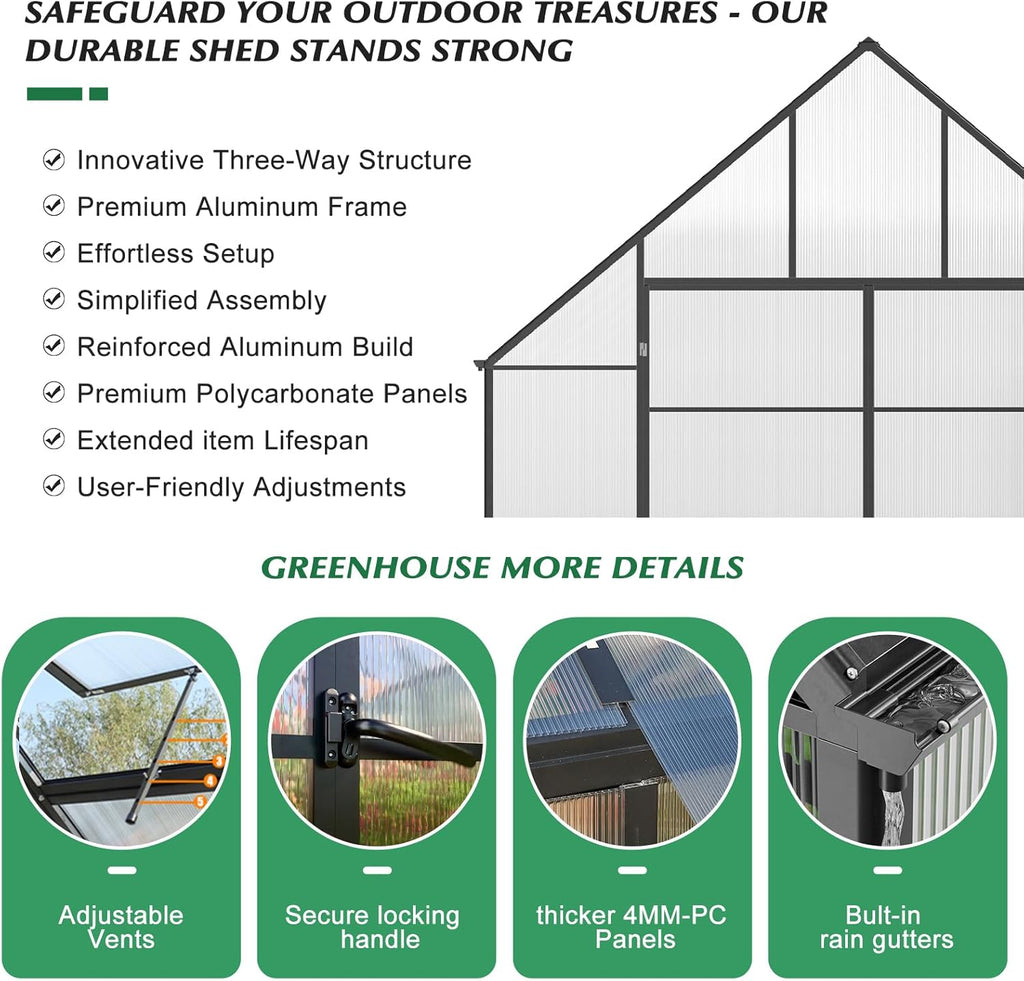 10'x10'x32' Snap-Together Greenhouse - Easy 3-Way Connectors, Heavy-Duty Aluminum Frame, Wind/Snow Resistant for Gardening/Urban Farming, Includes Sliding Door & Ventilation Windows