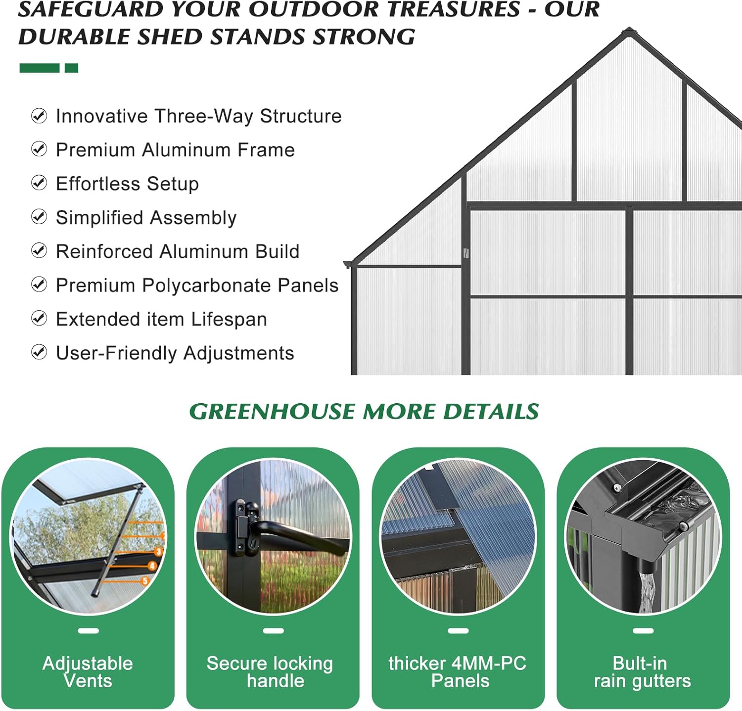 10'x10'x32' Snap-Together Greenhouse - Easy 3-Way Connectors, Heavy-Duty Aluminum Frame, Wind/Snow Resistant for Gardening/Urban Farming, Includes Sliding Door & Ventilation Windows