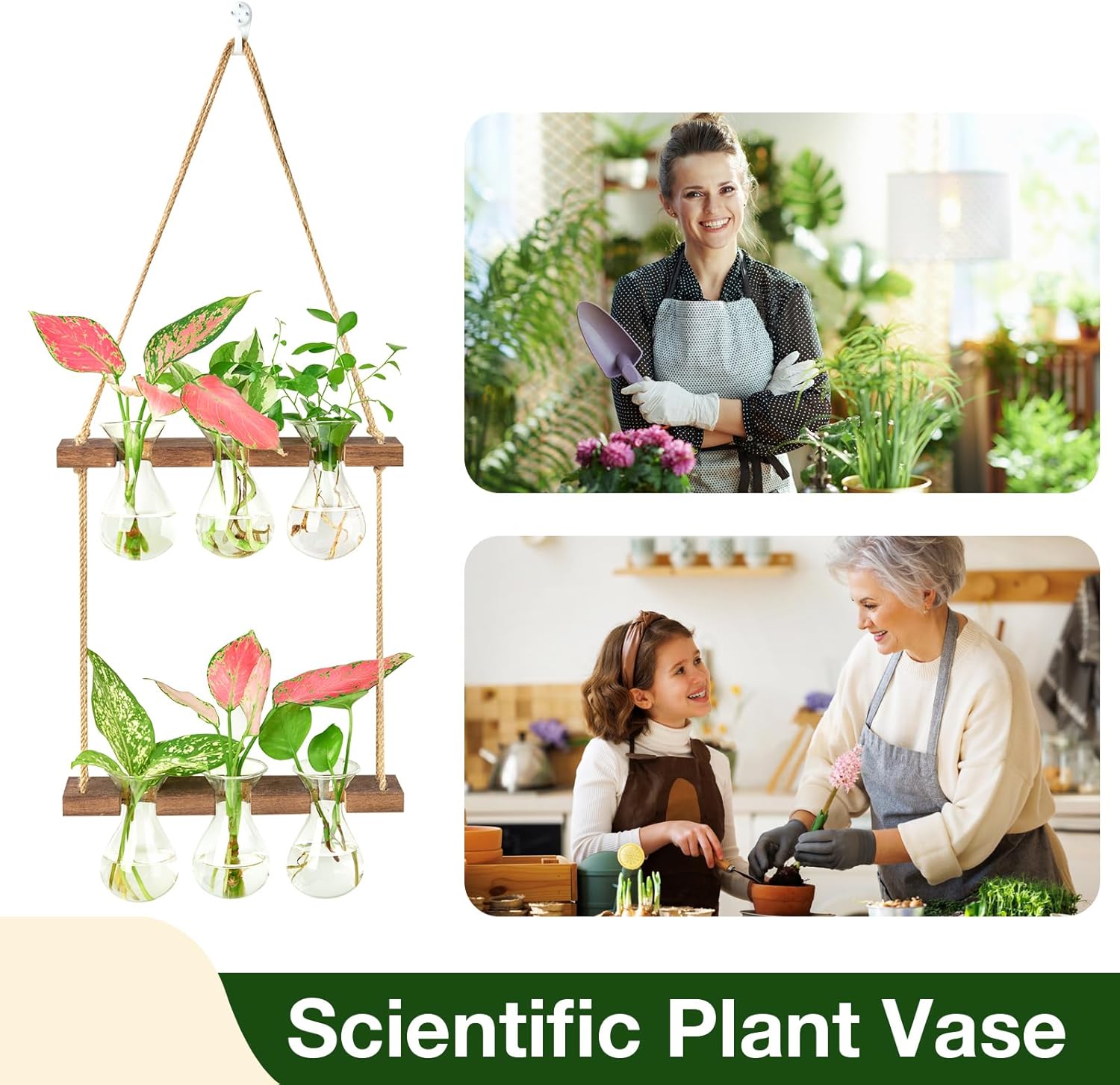 XXXFLOWER Wall Hanging Propagation Station with Wooden Stand 3 Bulb Vase 2 Tiered Planters Wall Terrarium for Home Office Plant Hanger Flower Vases Wall Decor(Brown)