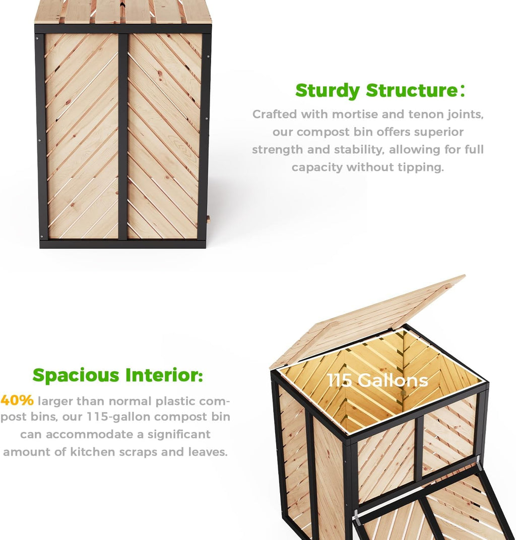 115 Gallon Solid Wood Composter, Outdoor Compost Bin with Pull-Out Door and Flip-Top Lid, Heavy Duty Composting Bin for Outside Backyard, Garden, Patio, Natural