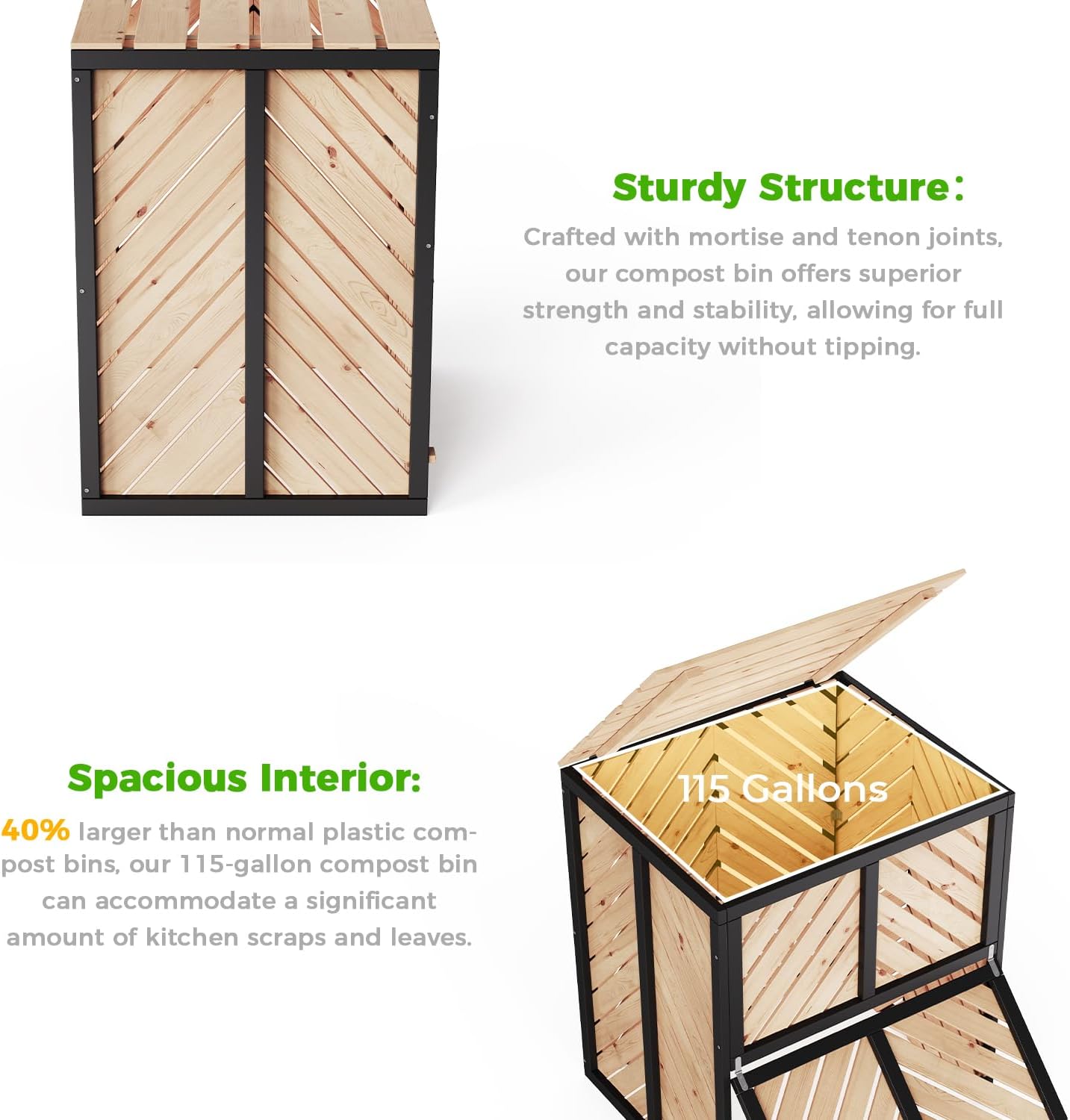 115 Gallon Solid Wood Composter, Outdoor Compost Bin with Pull-Out Door and Flip-Top Lid, Heavy Duty Composting Bin for Outside Backyard, Garden, Patio, Natural