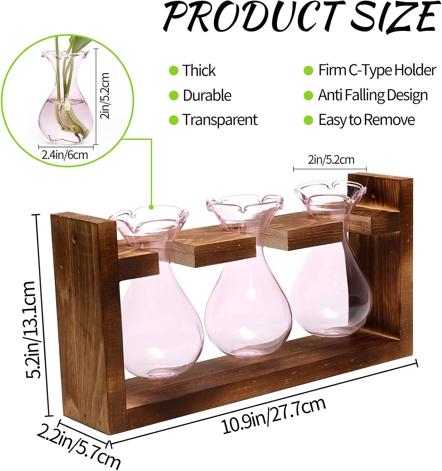 Plant Propagation Station Plant Terrarium Unique Birthday Gifts for Women Home Office Decor Planter with Wooden Stand - 3 Bulb Glass Vase