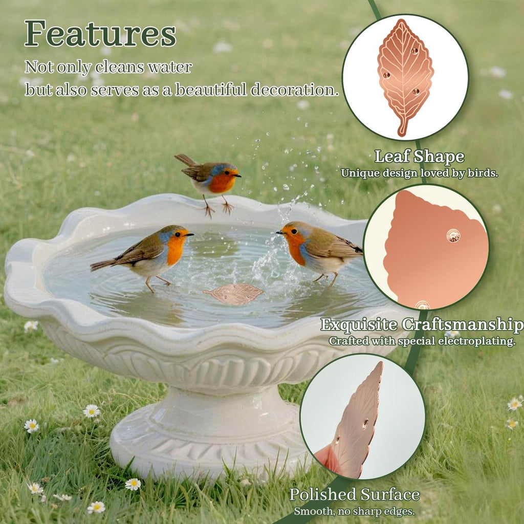 Bird Bath Copper Disk,Bird Bath Purification Disk 0.6mm Reinforced 99.99% Pure Copper Cleaning Disk with 3-Point Support,Fits Outdoor Birdbath & Bowl,Provide Safe Clean Water,Leaf-2Pcs