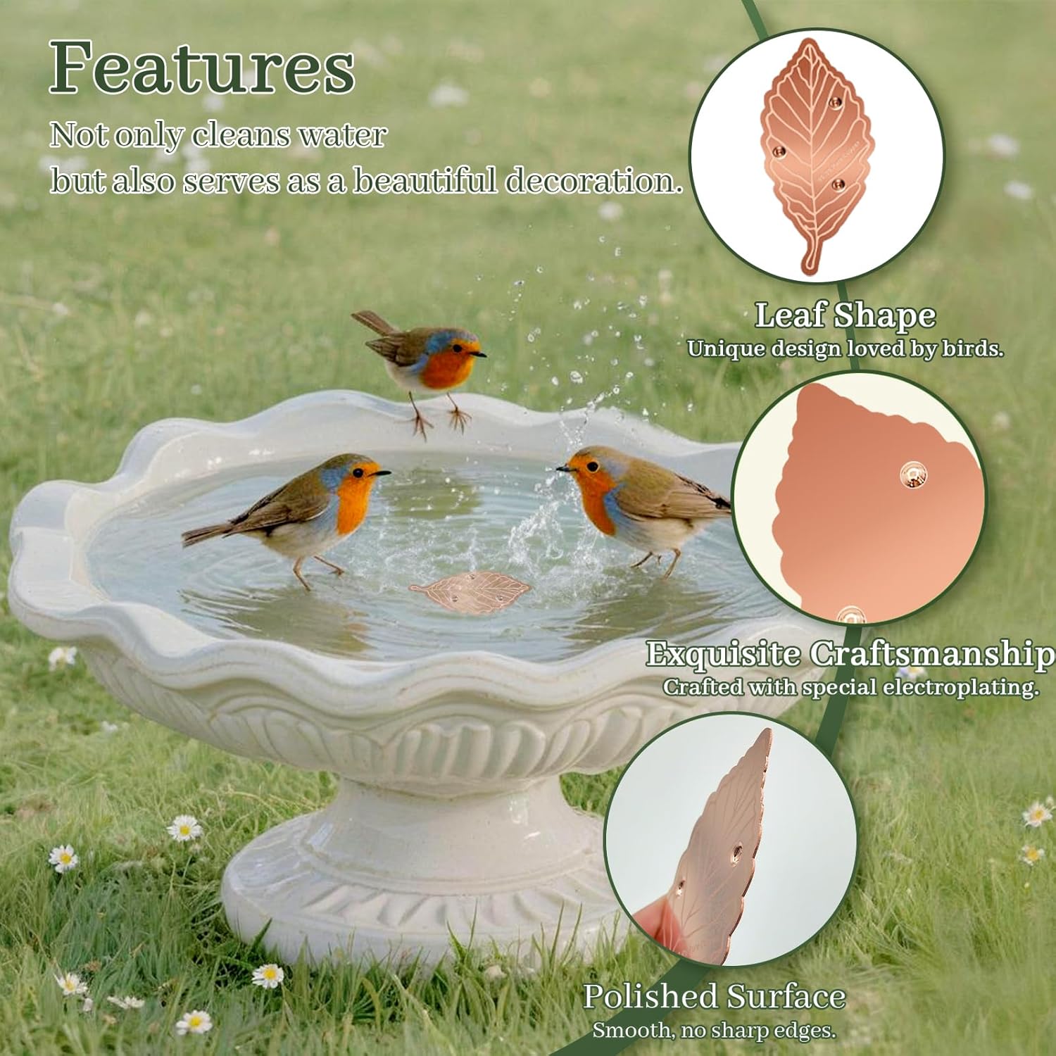 Bird Bath Copper Disk,Bird Bath Purification Disk 0.6mm Reinforced 99.99% Pure Copper Cleaning Disk with 3-Point Support,Fits Outdoor Birdbath & Bowl,Provide Safe Clean Water,Leaf-2Pcs