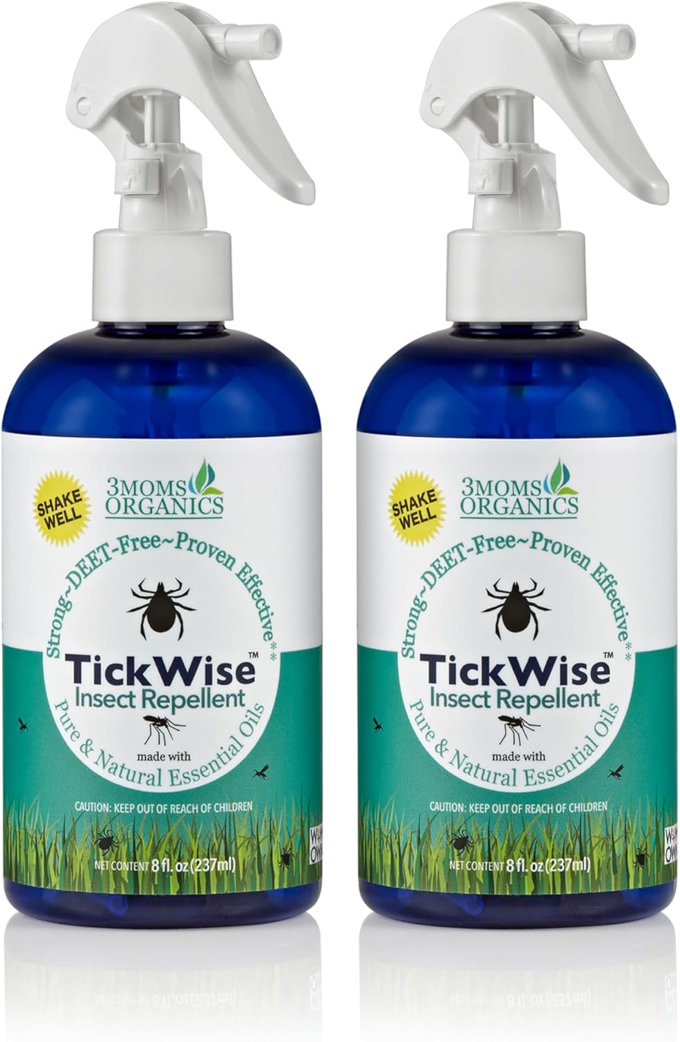 3 Moms Organics, TickWise 8oz Extra Strength Double Whammy 2-Pack - DEET- Free, Tick and Insect Repellent, Plant Based Essential Oils, All Natural Ingredients, Safe for Kids, Adults, Dogs & Horses