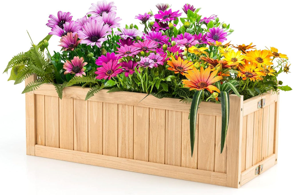 S AFSTAR Outdoor Wooden Planter Box, Folding Raised Garden Bed W/Drainage Hole, Patio Rectangle Plant Container for Flowers Vegetables Fruits Herbs, Collapsible Planting Box for Yard
