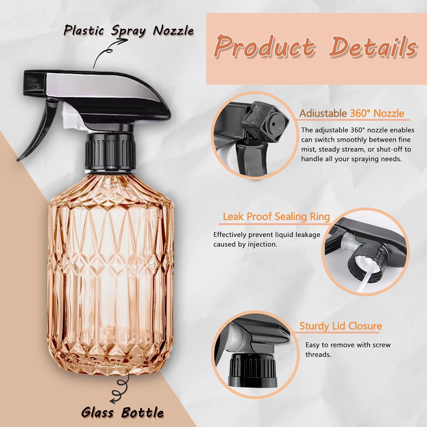 Empty Glass Spray Bottles, 15oz Refillable Water Bottle Spray, Plastic Top Pump, Reusable Adjustable Mist Sprayer Squirt, Handheld Bottles Containers Refillable for Hair, Cleaning, Gardening, Plants