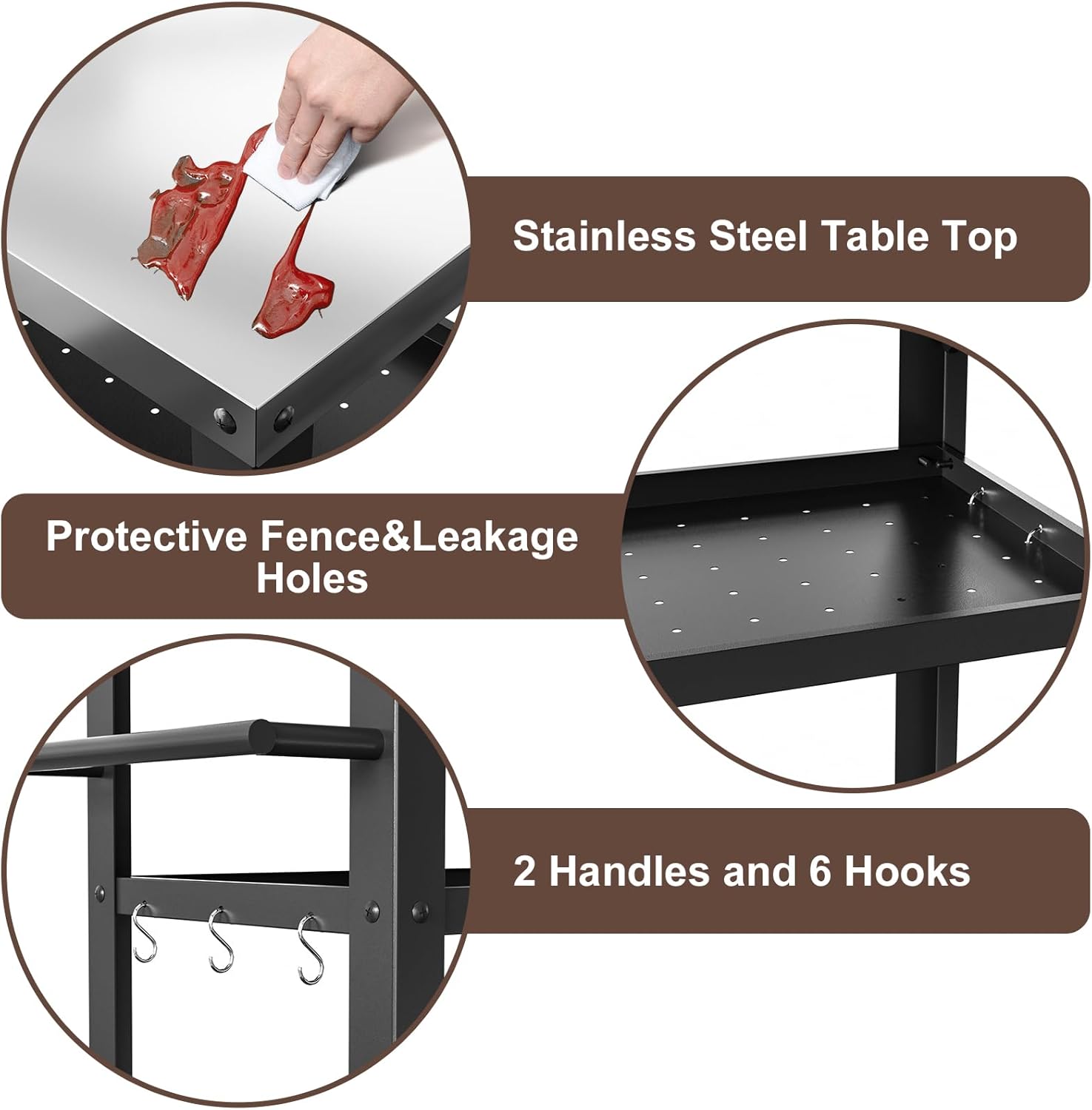 Outdoor Grill Cart with Three-Shelf, Stainless Steel Pizza Oven Table for Outside, Dining Kitchen Cart with Two Side Handle, Garden Patio BBQ Kitchen Food Prep Table Cart (Black)