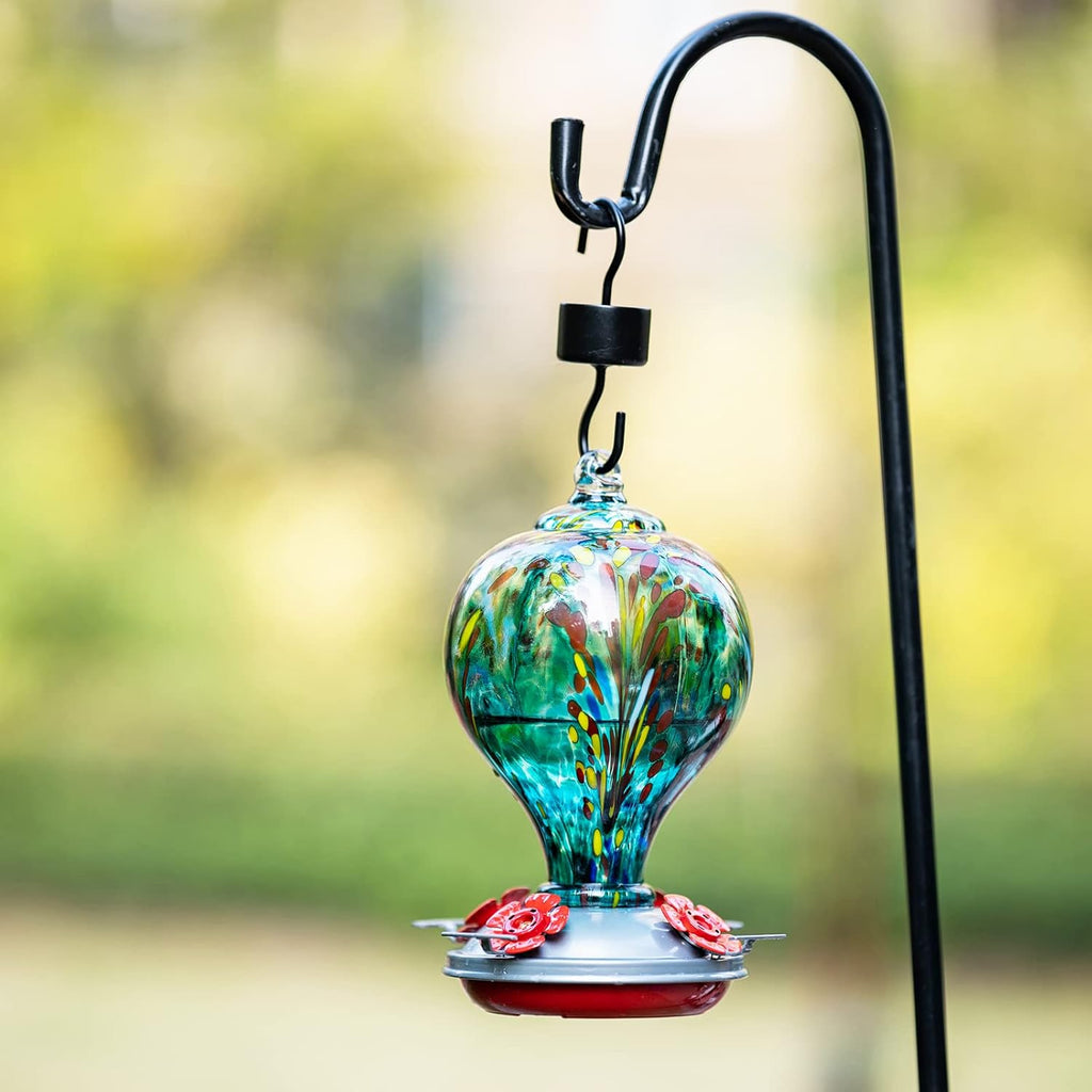 2 Packs Hummingbird Feeder for Outdoors Hanging Ant and Bee Proof, 32OZ Hand Blown Glass Hummingbird Feeders for Outside, Christmas Decoration Gifts for Mom (Teal & Red)