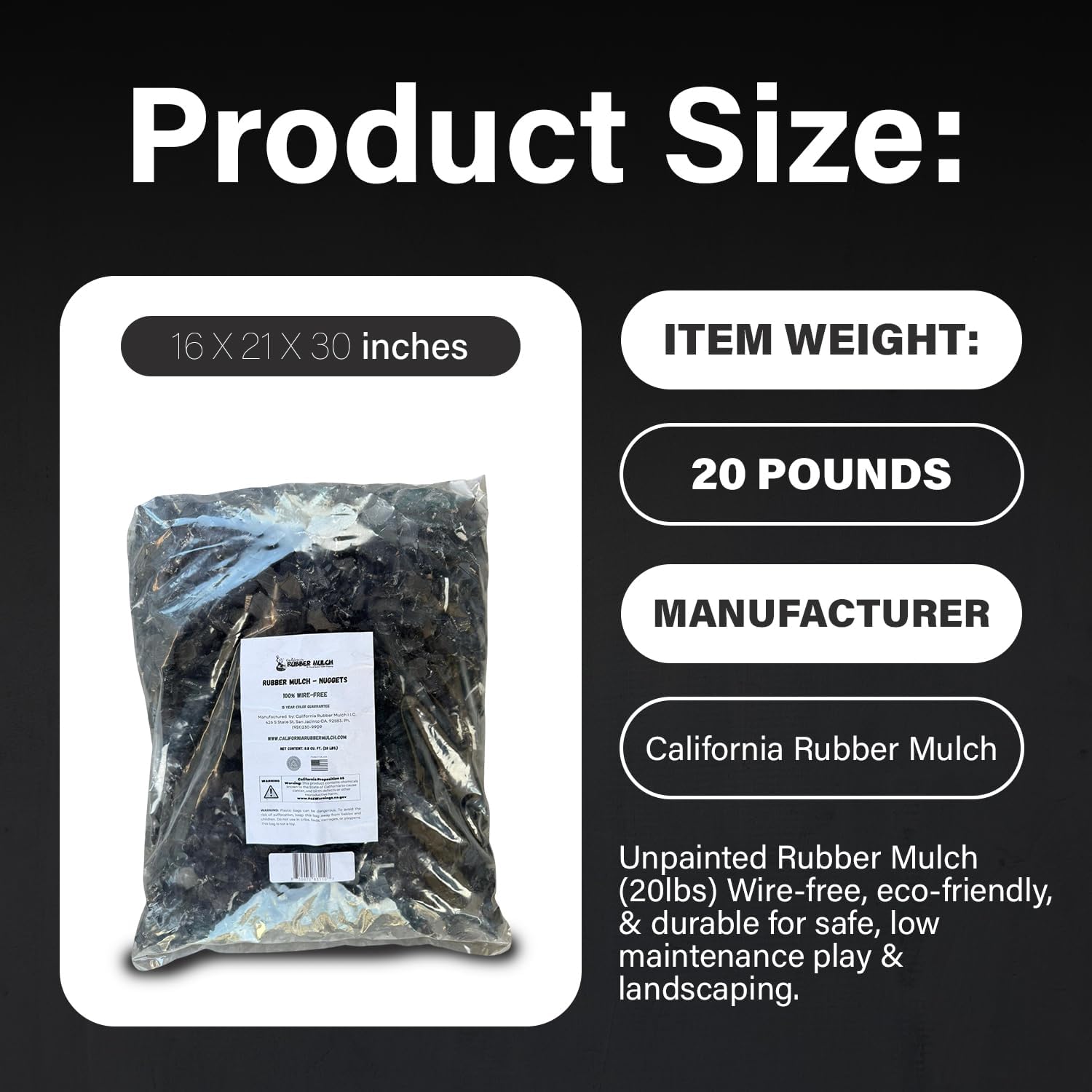 100% Wire-Free Rubber Mulch – Unpainted, 20 lb (0.8 cu ft) | Long-Lasting, Low Maintenance, Safe for Kids & Pets – Landscaping & Playground Ground Cover”