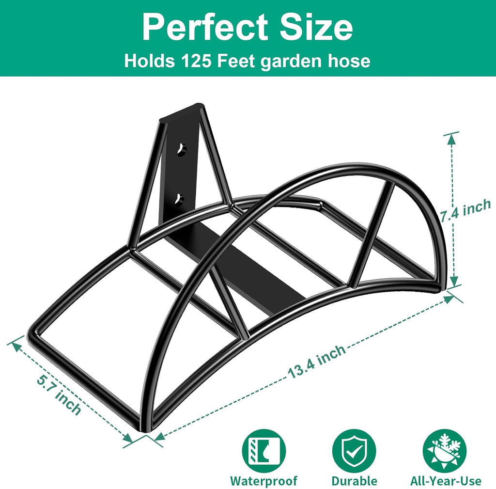 TomCare Garden Hose Holder Wall Mount Metal Water Hose Holder Holds 125Ft Hoses Heavy Duty Hose Hanger Sturdy Hoses Storage Organizer for Outside Yard Garden, Black