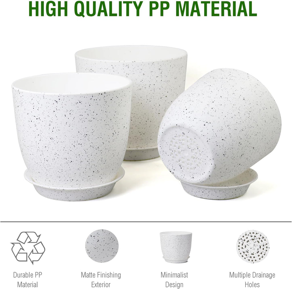 10/9/8 inch Medium Plant Pots, Set of 3 Modern Decorative Plastic Planters with Drainage Holes and Saucers for Garden House Plants, Flower Pots for Indoor Outdoor Plants, Speckled White