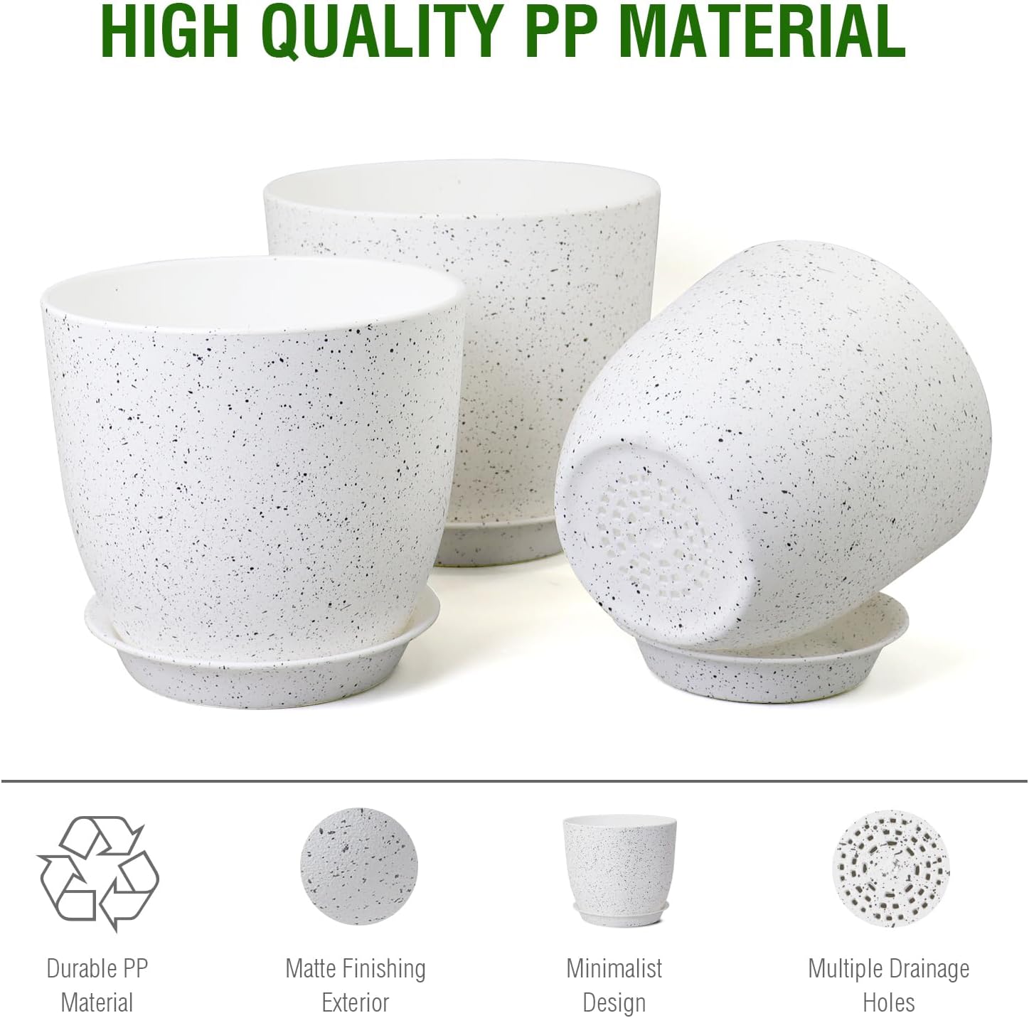 10/9/8 inch Medium Plant Pots, Set of 3 Modern Decorative Plastic Planters with Drainage Holes and Saucers for Garden House Plants, Flower Pots for Indoor Outdoor Plants, Speckled White