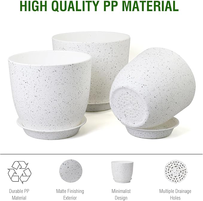 10/9/8 inch Medium Plant Pots, Set of 3 Modern Decorative Plastic Planters with Drainage Holes and Saucers for Garden House Plants, Flower Pots for Indoor Outdoor Plants, Speckled White
