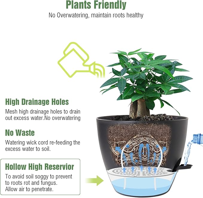 12 inch Large Self Watering Pots, Plastic Planters with 60oZ Removable Deep Reservoir and Multi Mesh Drainage Holes for Indoor Outdoor Garden Plants and Flowers, Black