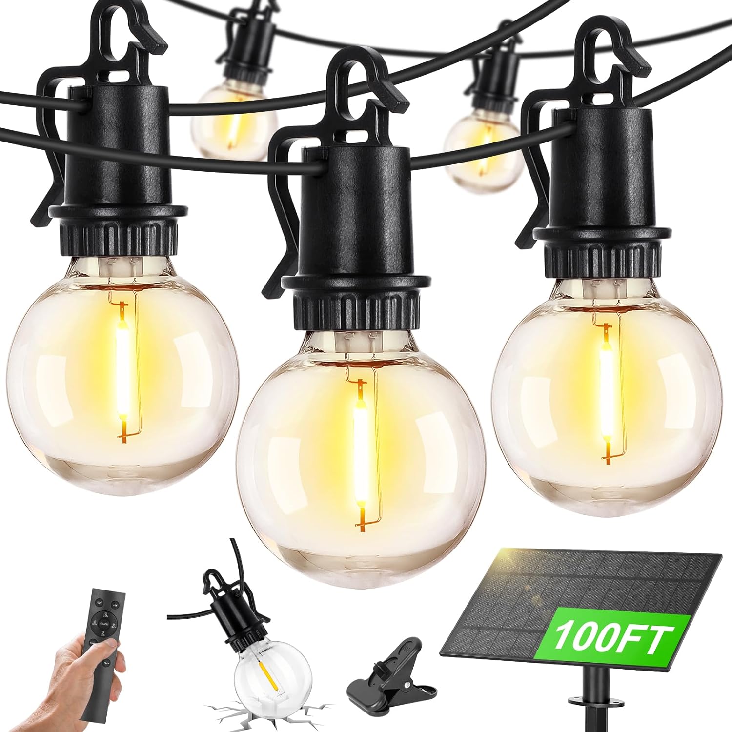 ZJOJO Solar Outdoor String Lights Waterproof, 100FT G40 Globe Patio Lights String Lights Solar Powered with 50 Edison Bulbs 2700K Shatterproof Hanging Lights for Porch Backyard Pergola Bistro