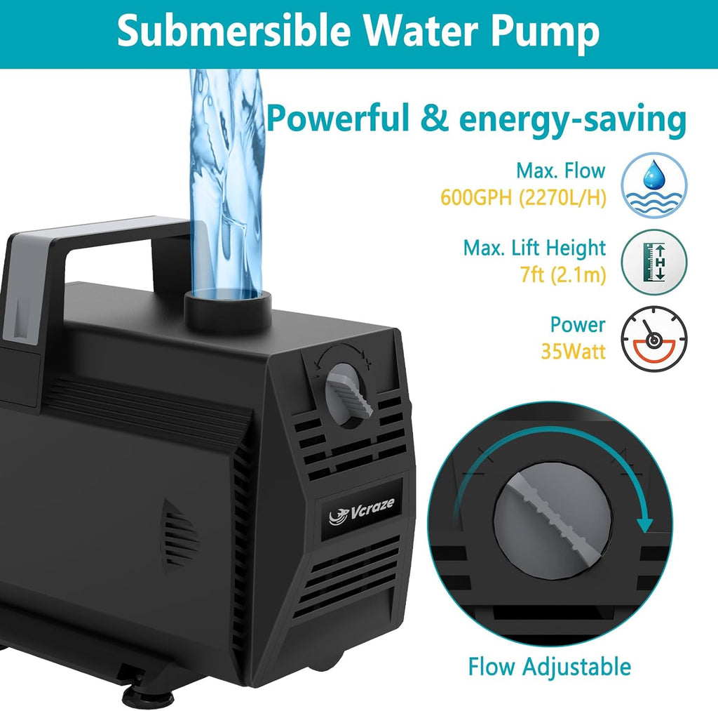 All-in-1 Pond Waterfall Kit with LED Lights, 8 inch Stainless Steel Spillway with 600GPH Water Pump, Outdoor Waterfall Fountain for Water Feature, Garden, Backyard, Pool