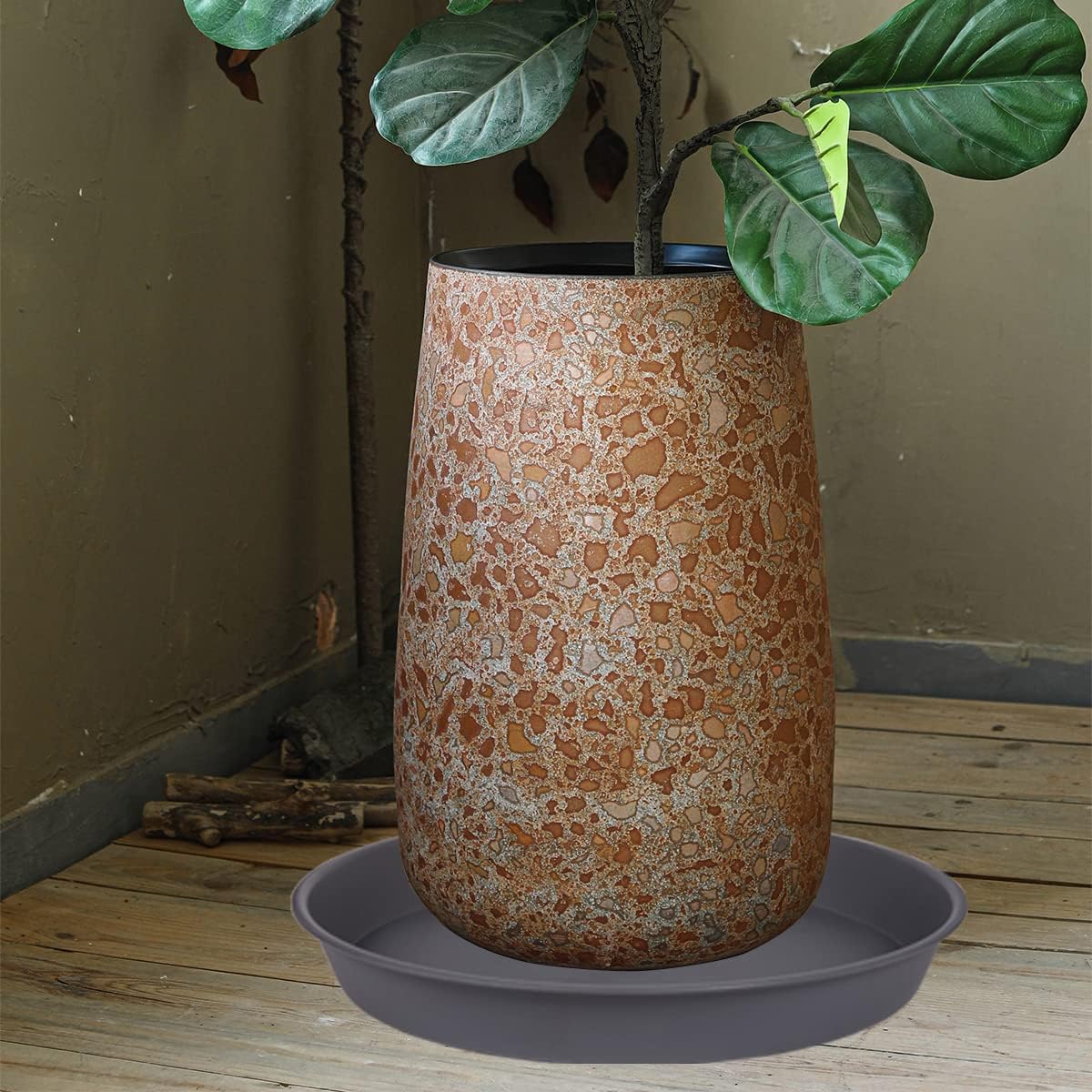 2 Pack of 14 inch Plant Saucer, Heavy Duty Round Plastic Plant Water Tray, Bird Bath Bowls, Plant Saucers for Indoors, Pot Drip Trays for Planter 12-14" (14", Cement)