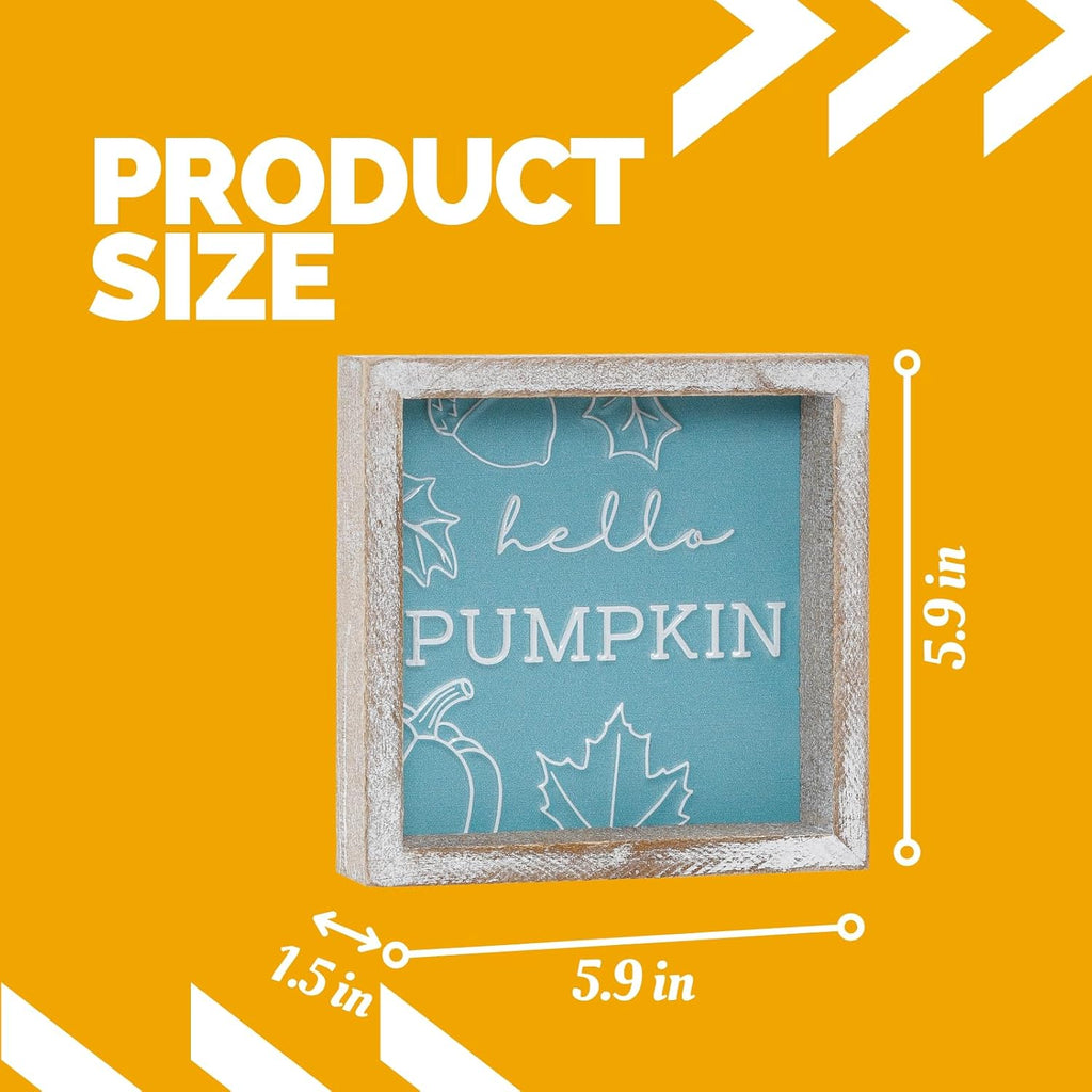 Embossed Hello Pumpkin Sign, Rustic Fall Decorations for Home, Thanksgiving Centerpieces for Table Cubicle Desk Mantel Fireplace, Autumn Tiered Tray Decor