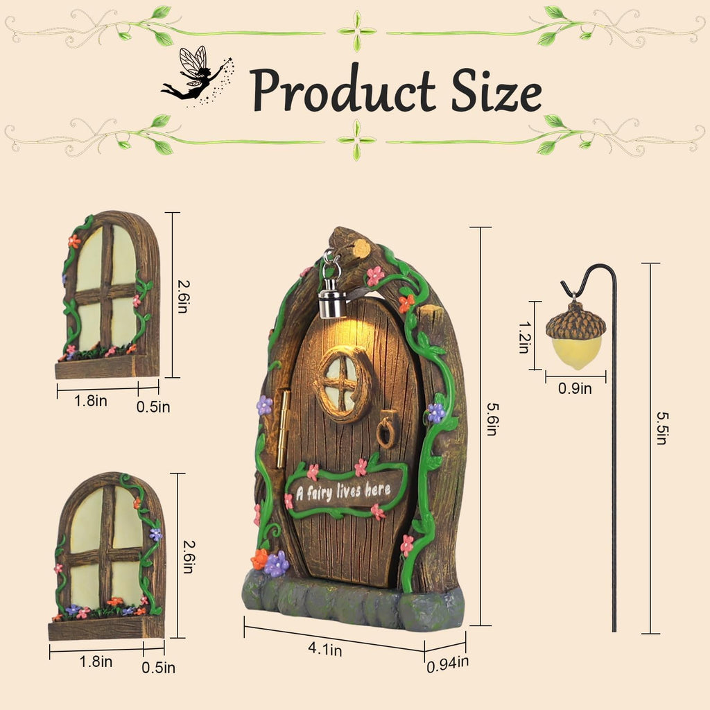 MEETYAMOR Miniature Fairy Garden Accessories, 4 PCS Opening Fairy Door and Windows with Light for Trees, Glow in The Dark Yard Art Outdoor Statues Fairy House Kit Garden Decor for Outside