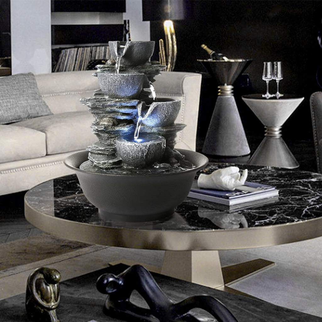 WICHEMI Indoor Water Fountain Tabletop Fountains Waterfall Fountain Indoor Water Feature Feng Shui Zen Meditation Cascading Desktop Fountains with LED Light for Home Office Indoor Decor (Style 15)