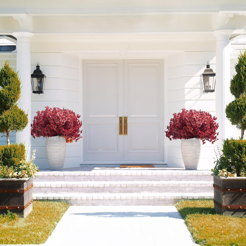 16 Bundles Artificial Boxwood Flowers Outdoor UV Resistant, 13.5" Fall Faux Greenery for Porch Planters Thanksgiving Decor - Fake Plants for Garden, Fireplace, Front Door(Wine Red)