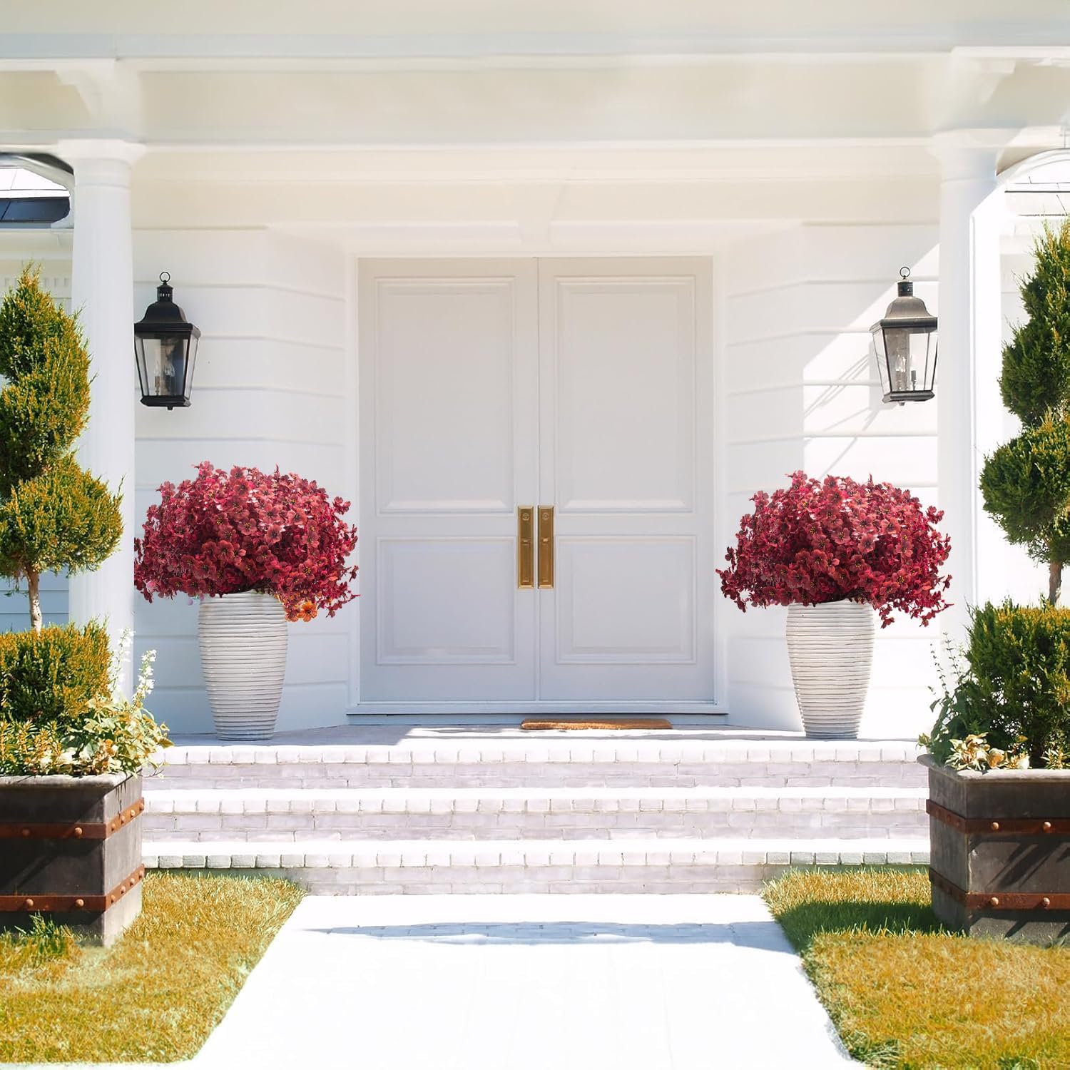 16 Bundles Artificial Boxwood Flowers Outdoor UV Resistant, 13.5" Fall Faux Greenery for Porch Planters Thanksgiving Decor - Fake Plants for Garden, Fireplace, Front Door(Wine Red)