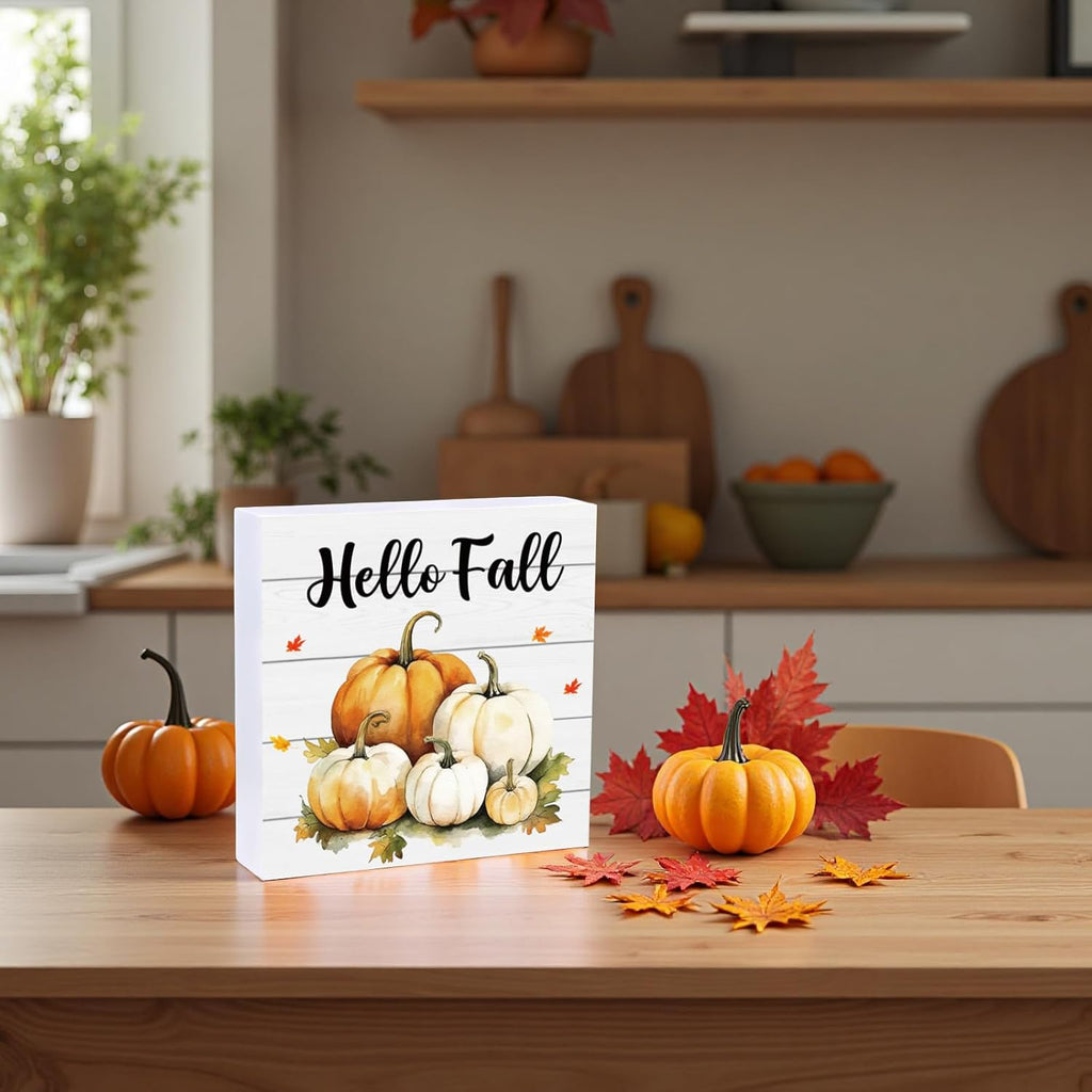 Fall Decorations for Home Fall Decor Home Room Pumpkins Patch Table Wood Box Sign Rustic Wooden Shelf Desk Office Decor Season Sign House Warming Gifts 5.9 x 5.9 Inch