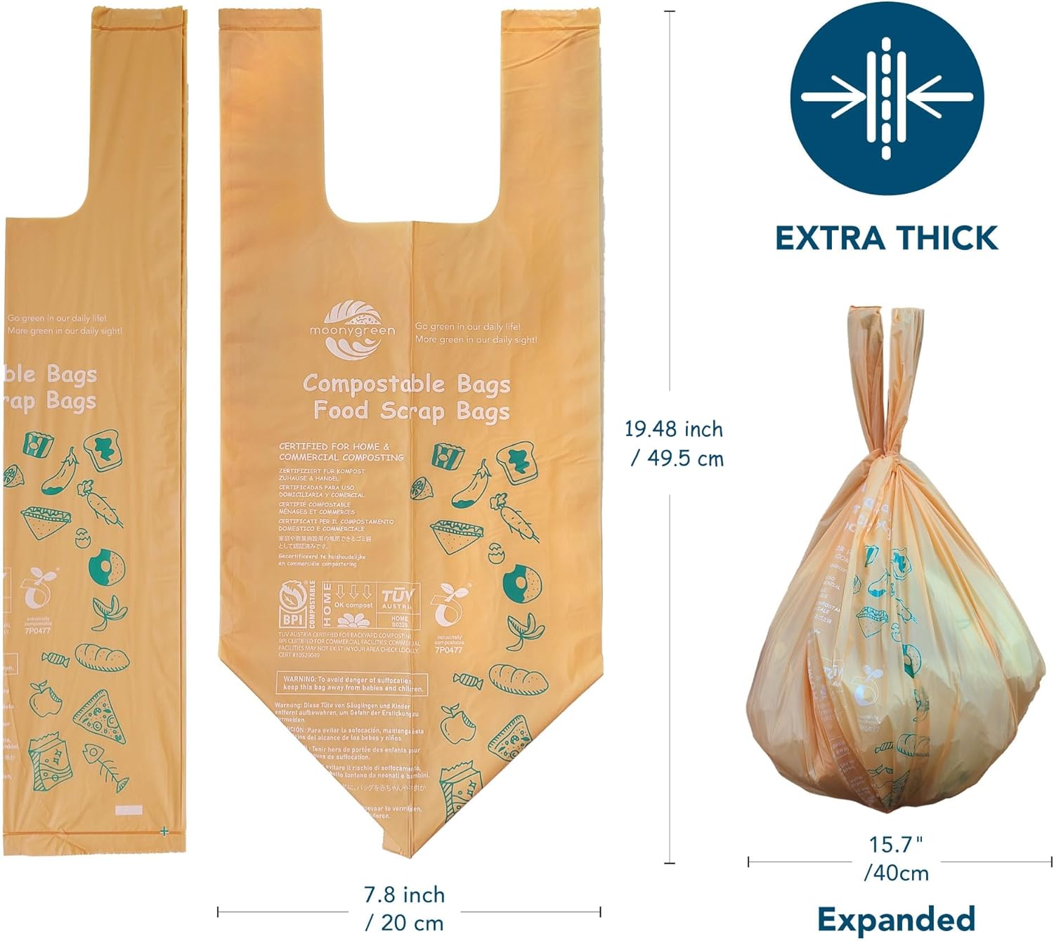 1.6 Gallon Compostable Handle Tie Garbage Bags, Small Trash Bags for Countertop Bin, Extra Thick 0.63 Mils, Certified US BPI ASTM D6400, 6 Liter, 100 Count
