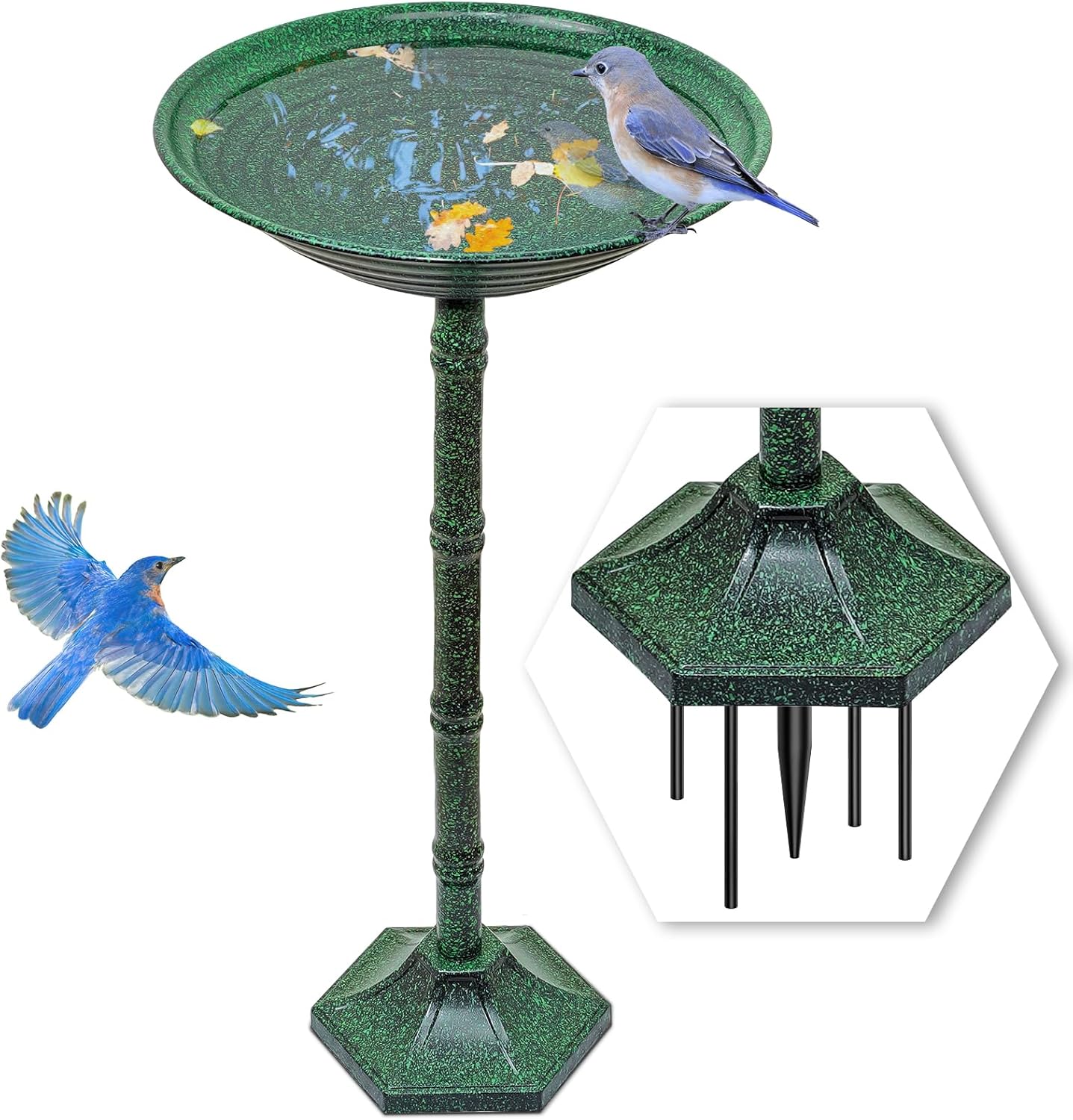 Bird Bath for Outside with Pedestal, Vintage Freestanding Garden Metal Birdbaths & Birdfeeder, Birdbaths Bowl Bird Baths for Outdoors Yard Garden Lawn Decor, Upgrade Dual-use Base (Dark Green)