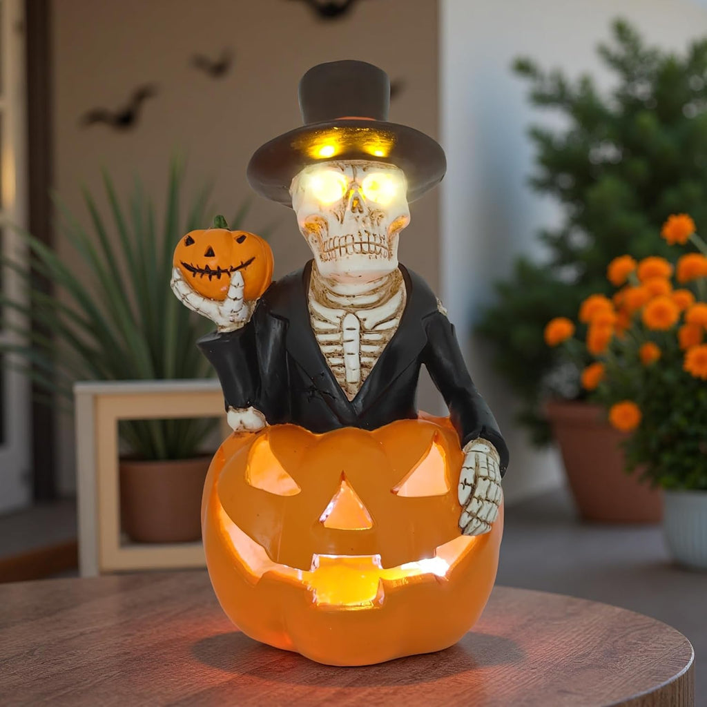 Halloween Decorations Solar Spooky Lights Outdoor Skull Pumpkin Figurine Light Garden Statue for Outside Patio Front Porch Yard, Led Fall Decor Jack-O-Lantern Home Decor Gifts (Orange-White Skull)