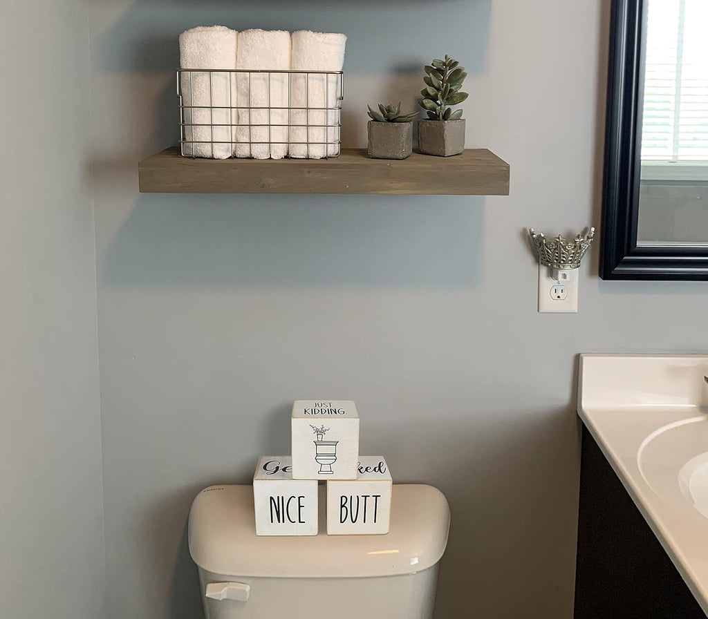 Funny Farmhouse Bathroom Decor and Accessories for Shelf, 4-Sided Wooden Blocks - Nice Butt&Get Naked&Hello Sweet Cheeks&Wash Your Hands Sign, Modern Rustic Restroom Decorations, White 2.8"