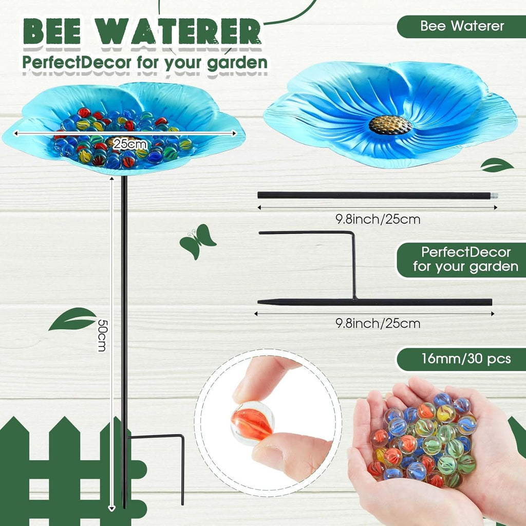 Tandefio Vivid Flower Bee Watering Station Metal Butterfly Water Feeder Cup with 30 Colorful Glass Marbles Bee Feeder Cup Butterfly Bath Bowl for Garden Outdoor Yard Decors(Blue,Flower)