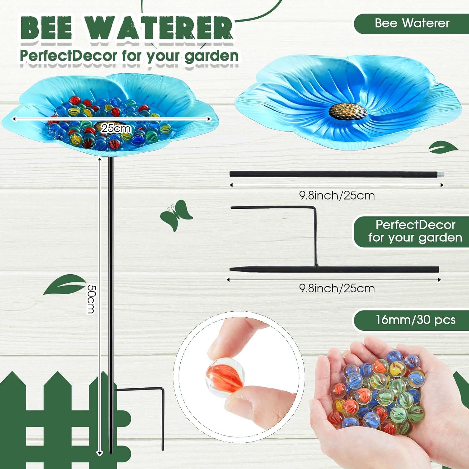 Tandefio Vivid Flower Bee Watering Station Metal Butterfly Water Feeder Cup with 30 Colorful Glass Marbles Bee Feeder Cup Butterfly Bath Bowl for Garden Outdoor Yard Decors(Blue,Flower)