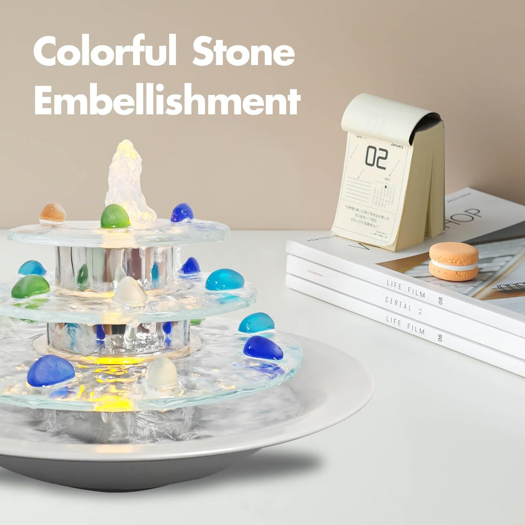 Indoor Tabletop Fountain 3-Tier Waterfall, Zen Meditation Fountains with LED Light, Home Desktop Soothing Sound Meditation Relaxing Water Feature for Office Room Table Decoration