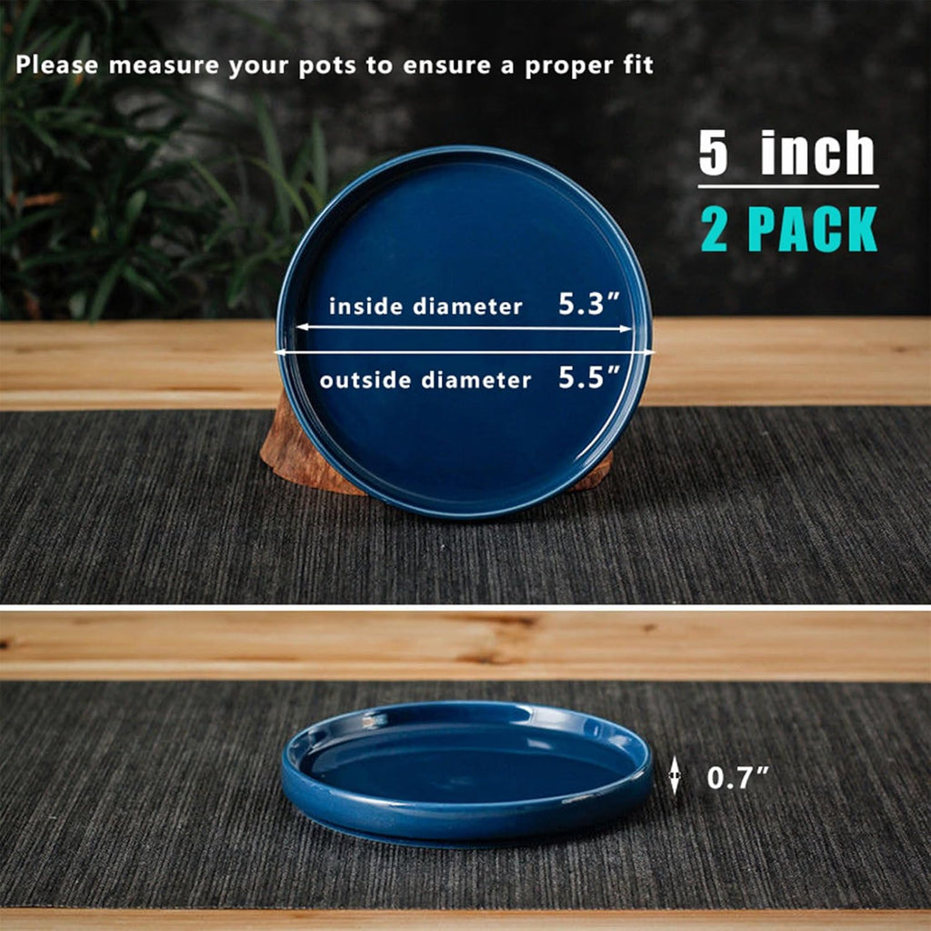 Ceramic Plant Saucer 5 Inch, 2 Pack Round Plant Saucers for Indoors/Outdoors, Flower Pot Saucers for Holding Water Drips and Soil, Ceramic Drainage Tray for Plant Pot (Blue)