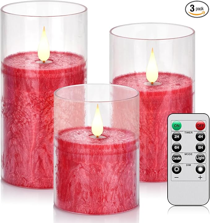 Flameless Flickering Remote Control Candle, Glass Pillar Candle,3 Pack (D:3"×H:4" 5" 6") LED 3D Flame Romantic Candle,Battery Operated Real Wax, Ideal for Wedding, Home Decor Holiday (Red)
