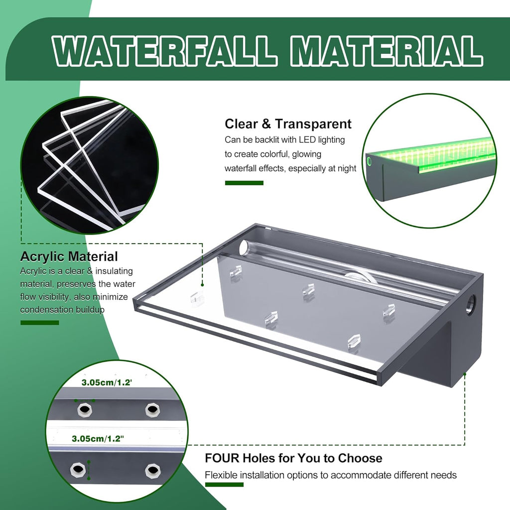 Pool Fountain, LONGRUNNEW Transparent Acrylic Pool Waterfall Spillway with Pipe Connector Kits for Indoor/Outdoor Decorative, 35.4 Inches Pool Water Feature for Garden Patio, Backyard Koi Pond Decor