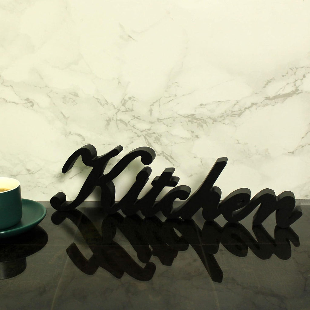 CVHOMEDECO. Rustic Matt Black Wooden Words Sign Free Standing "Kitchen" Desk/Table/Shelf/Door/Home Wall Decoration Art, 15-1/2 x 4-1/4 x 1 Inch