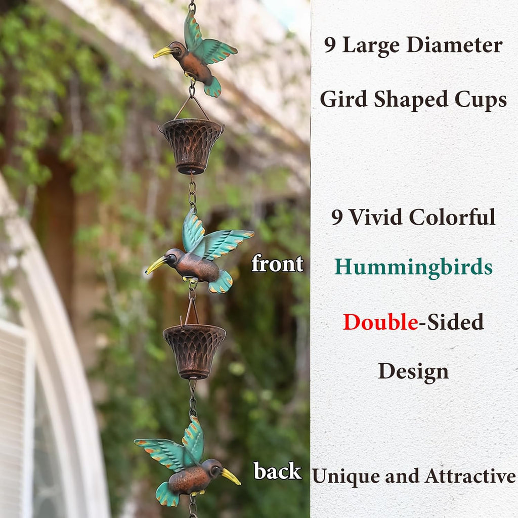 8.5FT Rain Chain, Hummingbird and Cup Rain Chains for Gutters and Downspouts, Metal Decorative Rainwater Catcher Chain, Antique Copper Rain Gutter Downspout Chains for Outside Garden